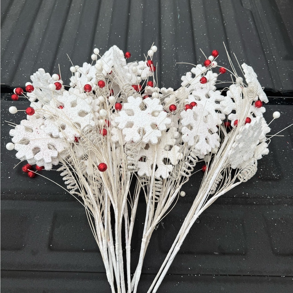 Festive White and Red Snowflake Picks